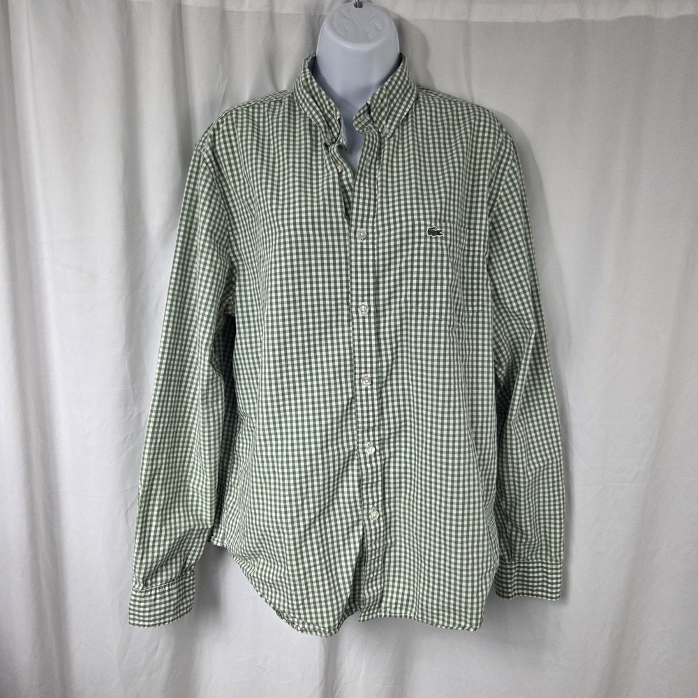 Lacoste Shirt Mens Large Green Check Button Down Long Sleeve Casual Woven Pocket